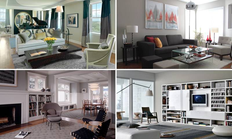 Сочетание серого цвета с другими цветами в интерьере: синим, белым, фиолетовым, коричневым и зеленым, яркие акценты в гостиной - 42 фото