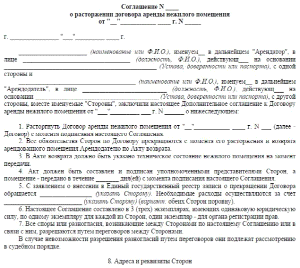 Соглашение о расторжении договора аренды по соглашению сторон образец