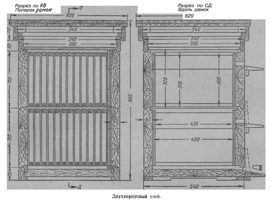 Чертеж улья дадан на 12 рамок из доски на 35
