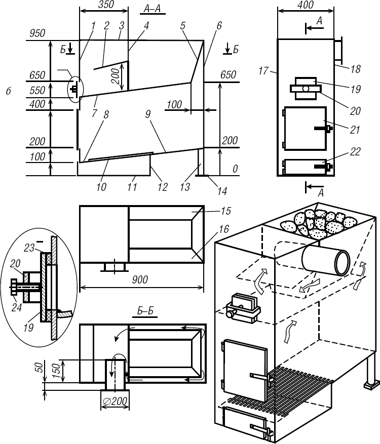 Схема печи для бани из металла с большим кпд