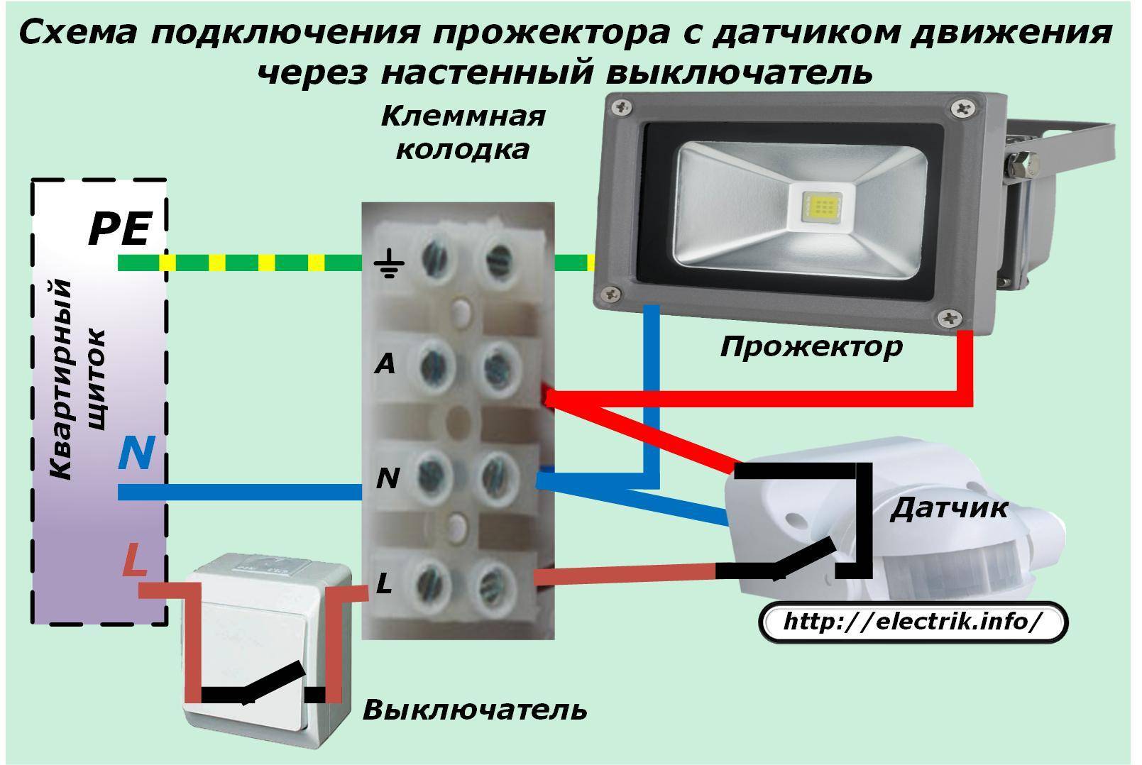 Подключение датчиков движения с сенсором к прожектору: схемы подсоединения