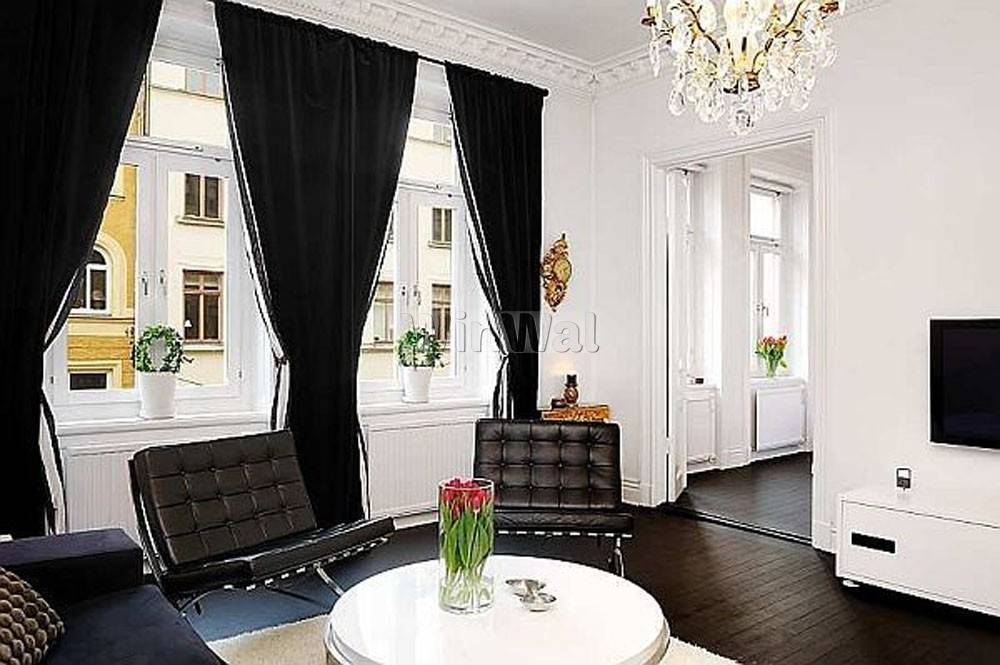 Черно белые шторы в интерьере гостиной фото