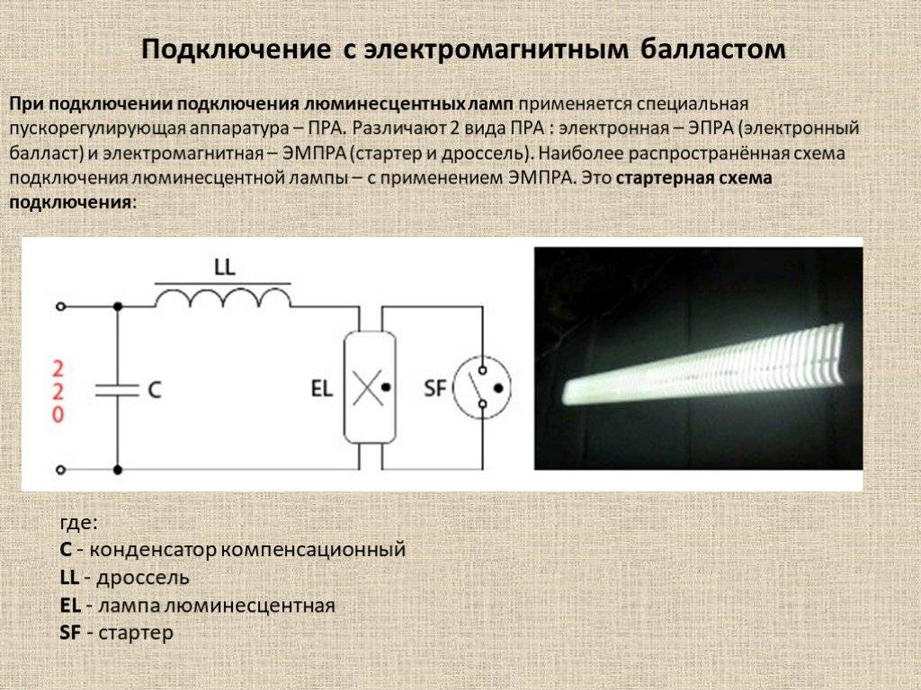 Схема подключения люминесцентных ламп с дросселем, с электромагнитным балластом, а также ламп с перегоревшими нитями нагрева плюс полезные советы