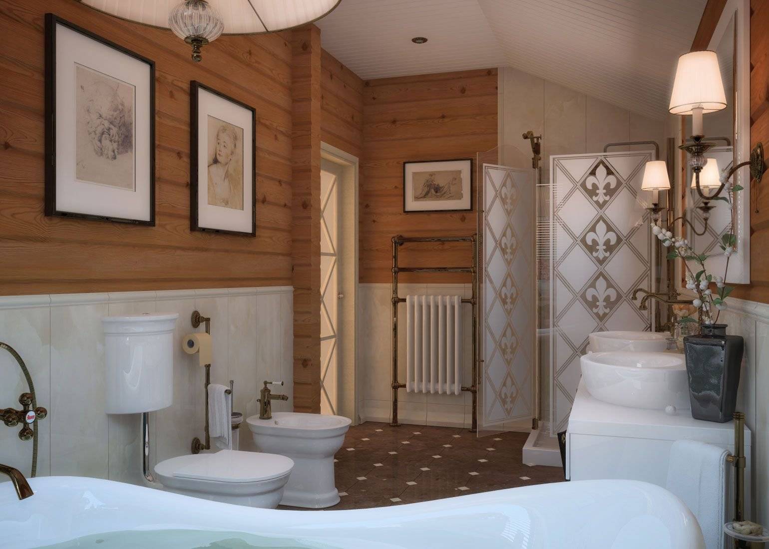 Ванная комната в частном загородном деревянном доме